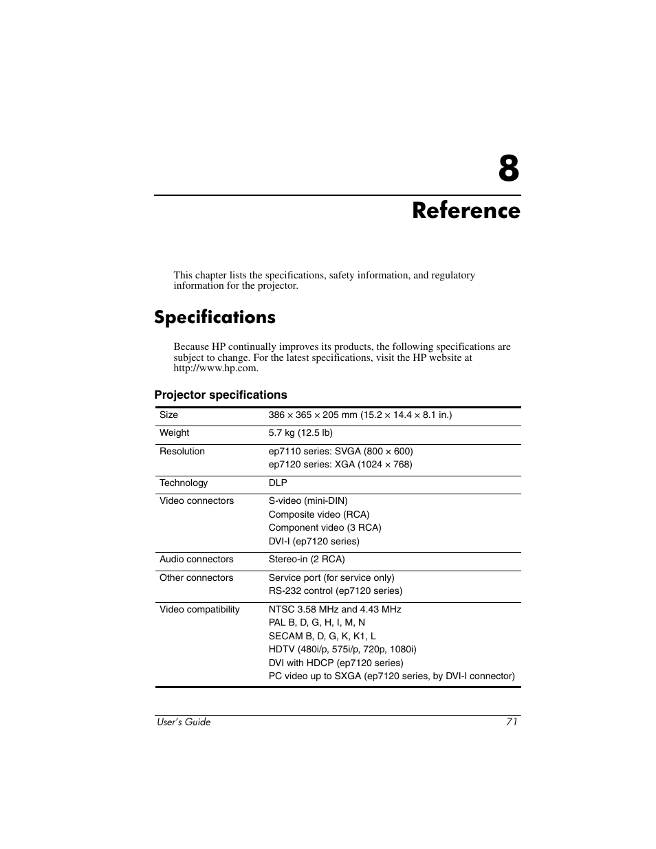 Reference, Specifications, 8 reference | HP ep7100 Series User Manual | Page 71 / 84