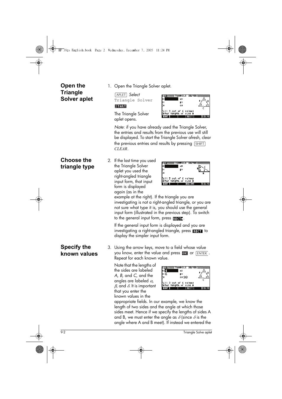 Open the triangle solver aplet, Choose the triangle type, Specify the known values | HP 39gs User Manual | Page 100 / 314