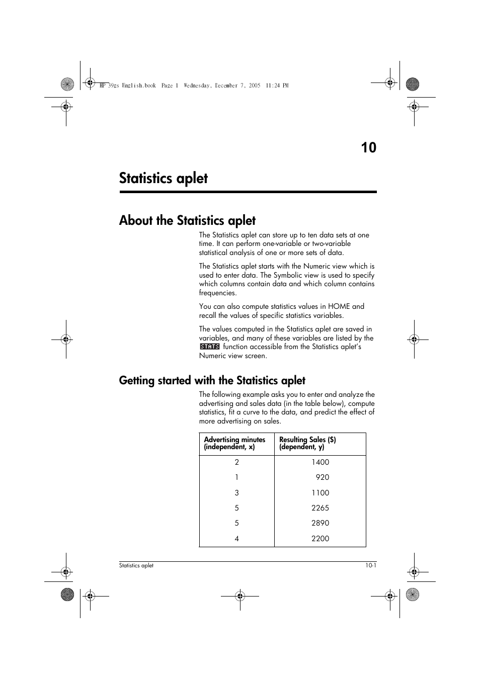 Statistics aplet, About the statistics aplet, Getting started with the statistics aplet | 10 statistics aplet | HP 39gs User Manual | Page 103 / 314