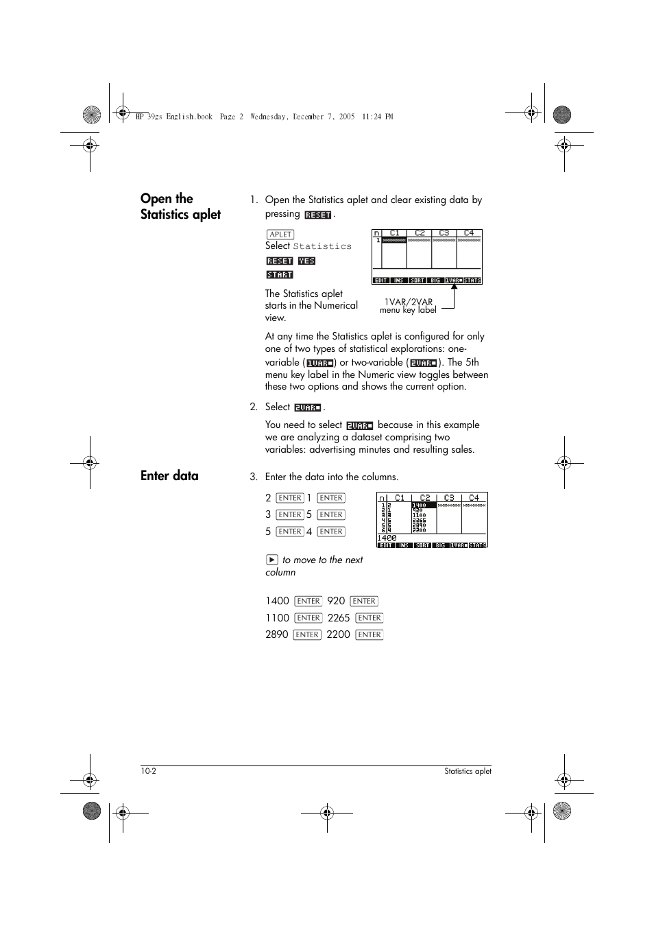 Open the statistics aplet, Enter data | HP 39gs User Manual | Page 104 / 314