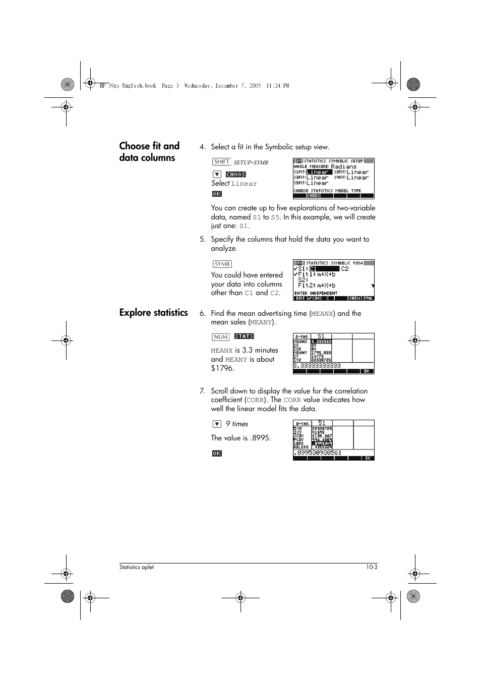 Choose fit and data columns, Explore statistics | HP 39gs User Manual | Page 105 / 314