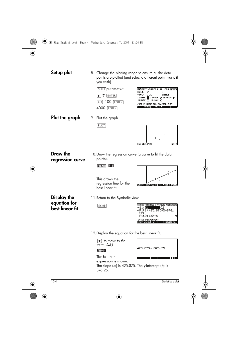 Setup plot, Plot the graph, Draw the regression curve | Display the equation for best linear fit | HP 39gs User Manual | Page 106 / 314