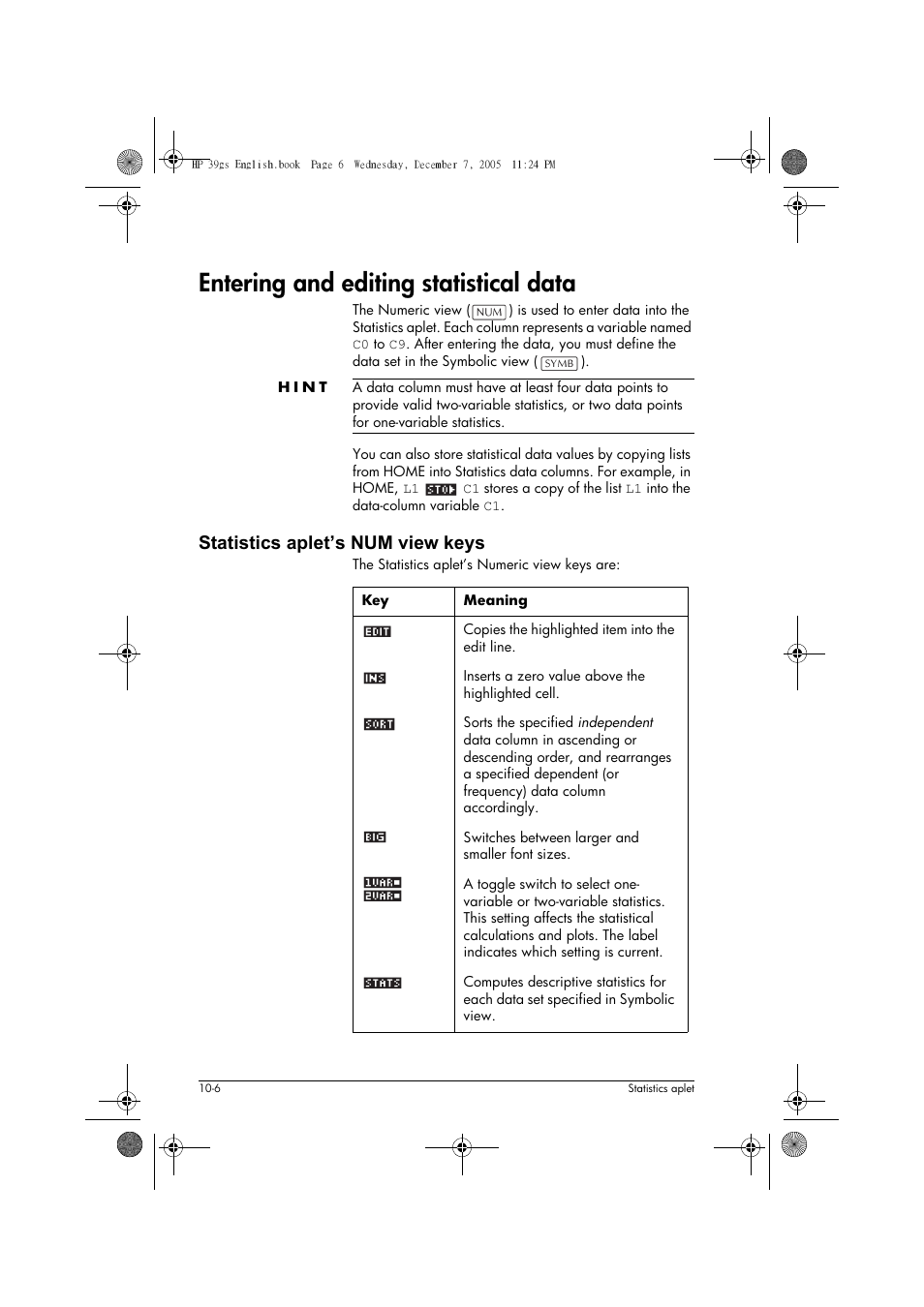 Entering and editing statistical data, Statistics aplet’s num view keys | HP 39gs User Manual | Page 108 / 314