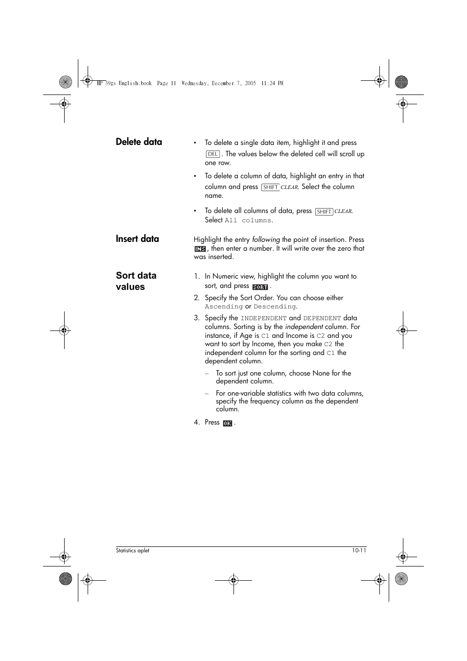 Delete data, Insert data, Sort data values | HP 39gs User Manual | Page 113 / 314