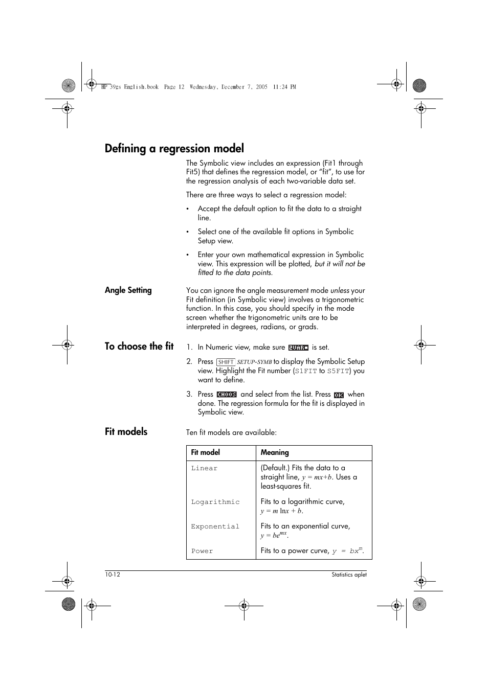 Defining a regression model, Fit models | HP 39gs User Manual | Page 114 / 314