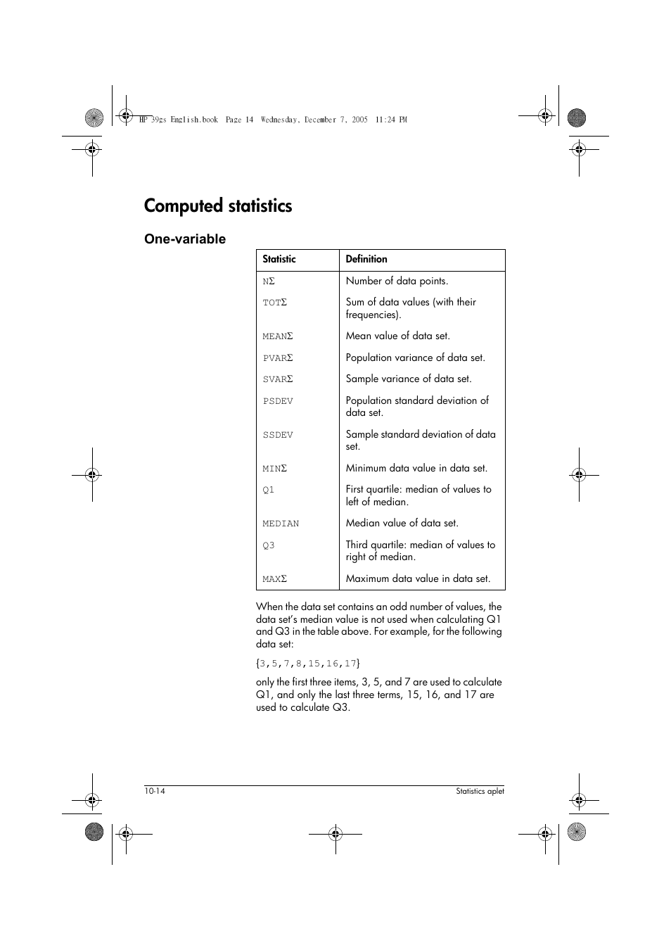 Computed statistics, One-variable | HP 39gs User Manual | Page 116 / 314