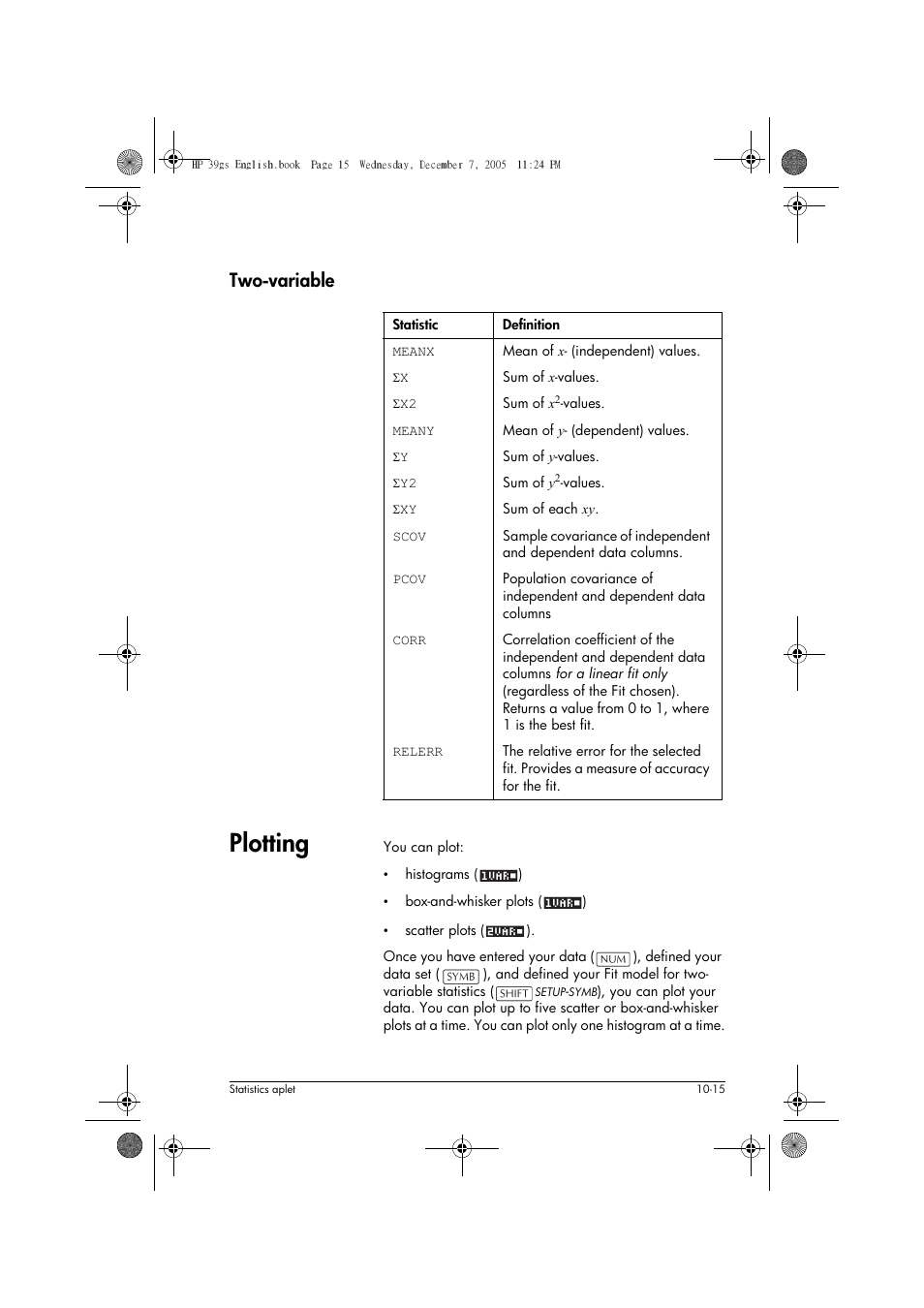 Plotting, Two-variable | HP 39gs User Manual | Page 117 / 314