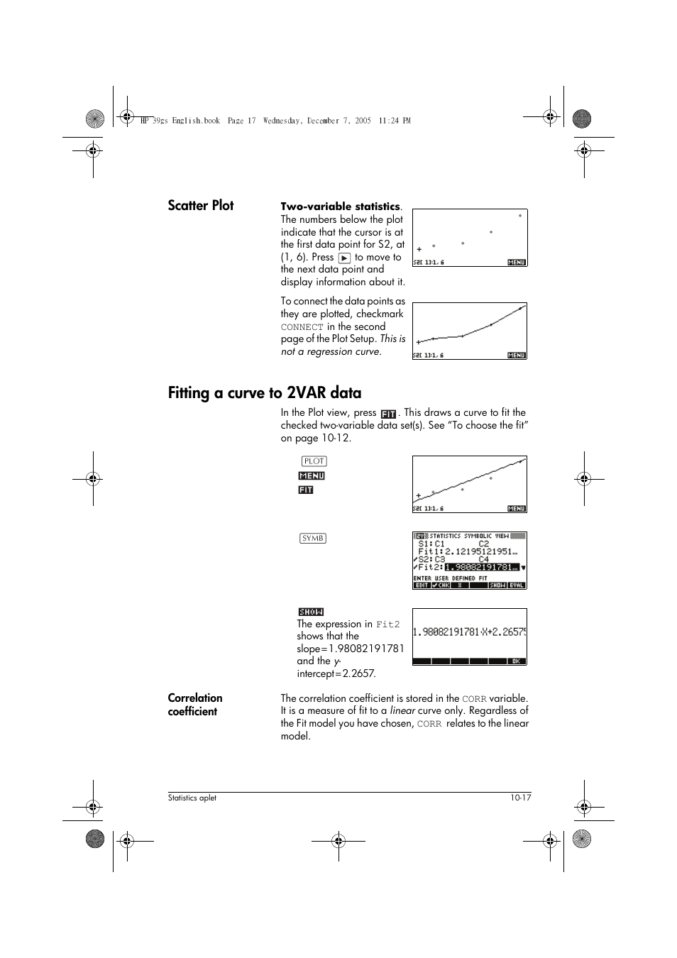 Fitting a curve to 2var data, Scatter plot | HP 39gs User Manual | Page 119 / 314