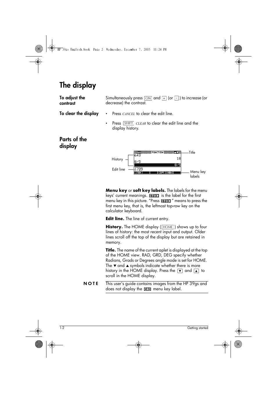 The display, Parts of the display | HP 39gs User Manual | Page 12 / 314