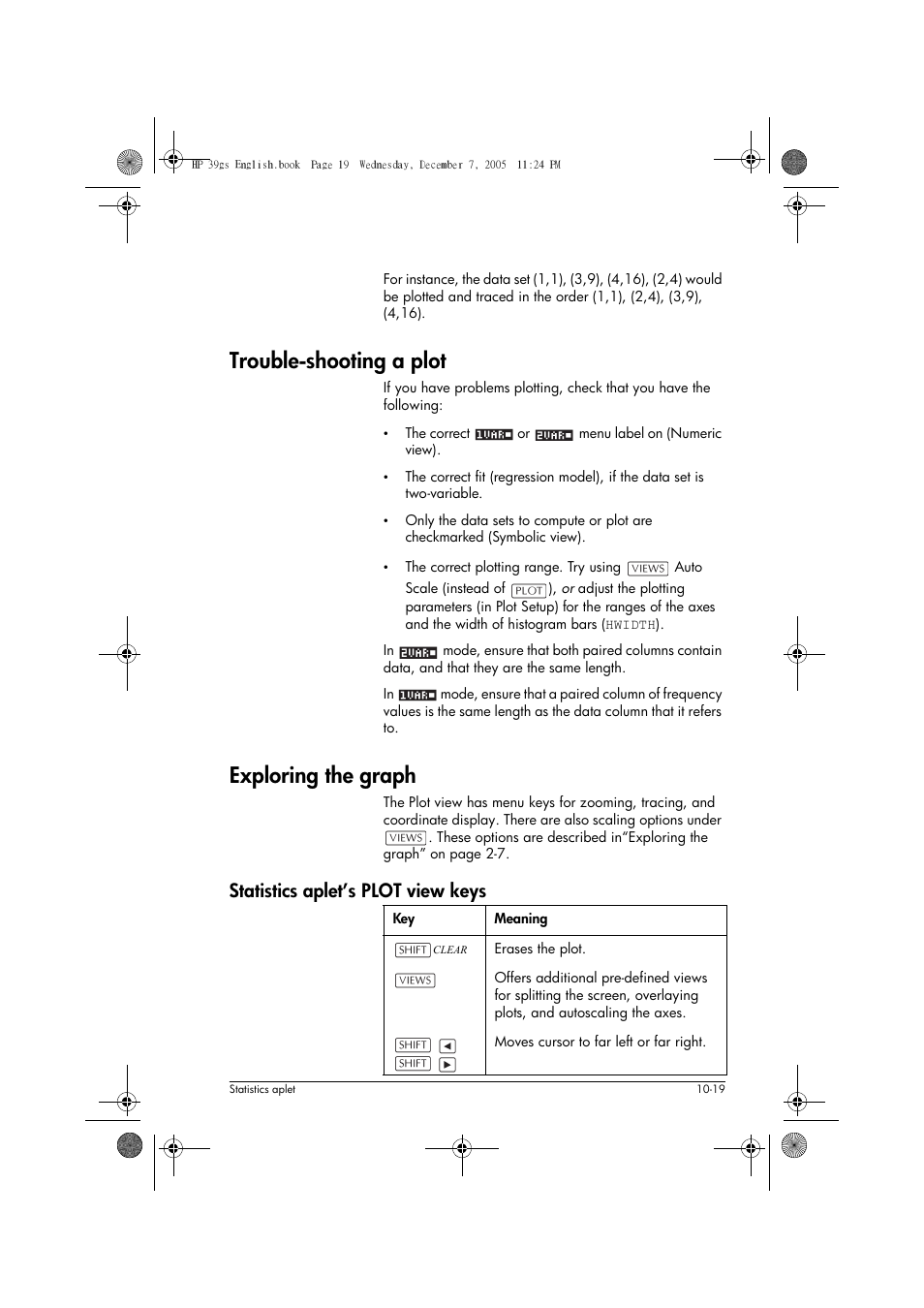 Trouble-shooting a plot, Exploring the graph, Statistics aplet’s plot view keys | HP 39gs User Manual | Page 121 / 314