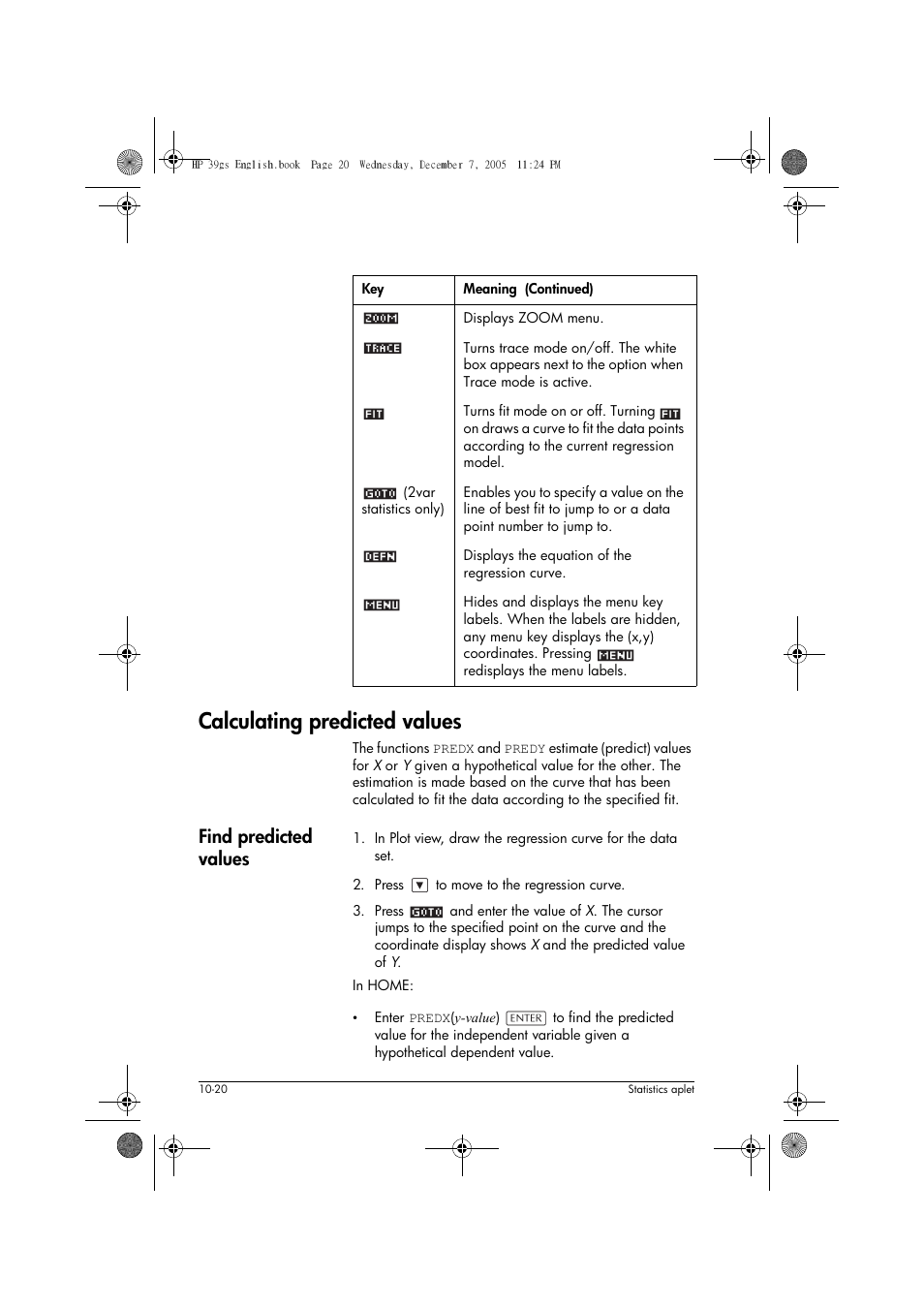 Calculating predicted values, Find predicted values | HP 39gs User Manual | Page 122 / 314