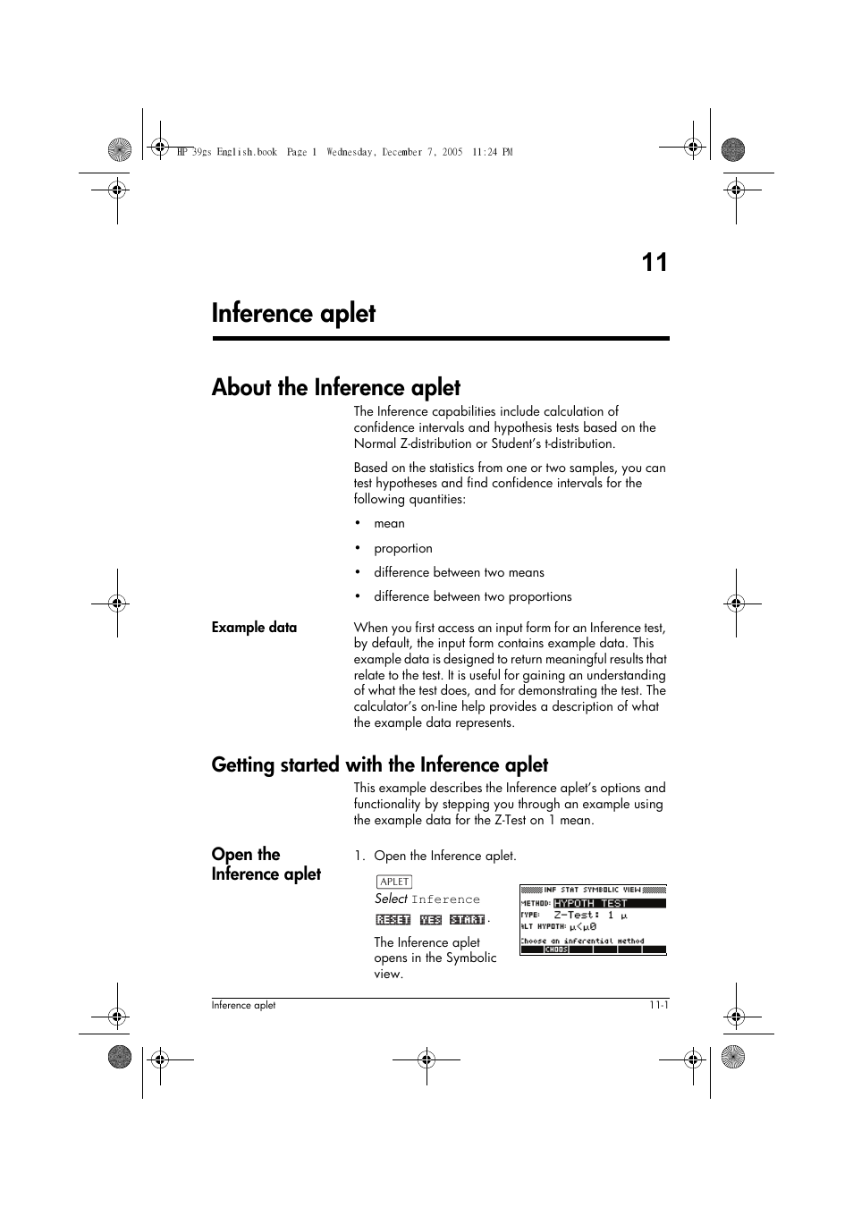 Inference aplet, About the inference aplet, Getting started with the inference aplet | 11 inference aplet | HP 39gs User Manual | Page 125 / 314