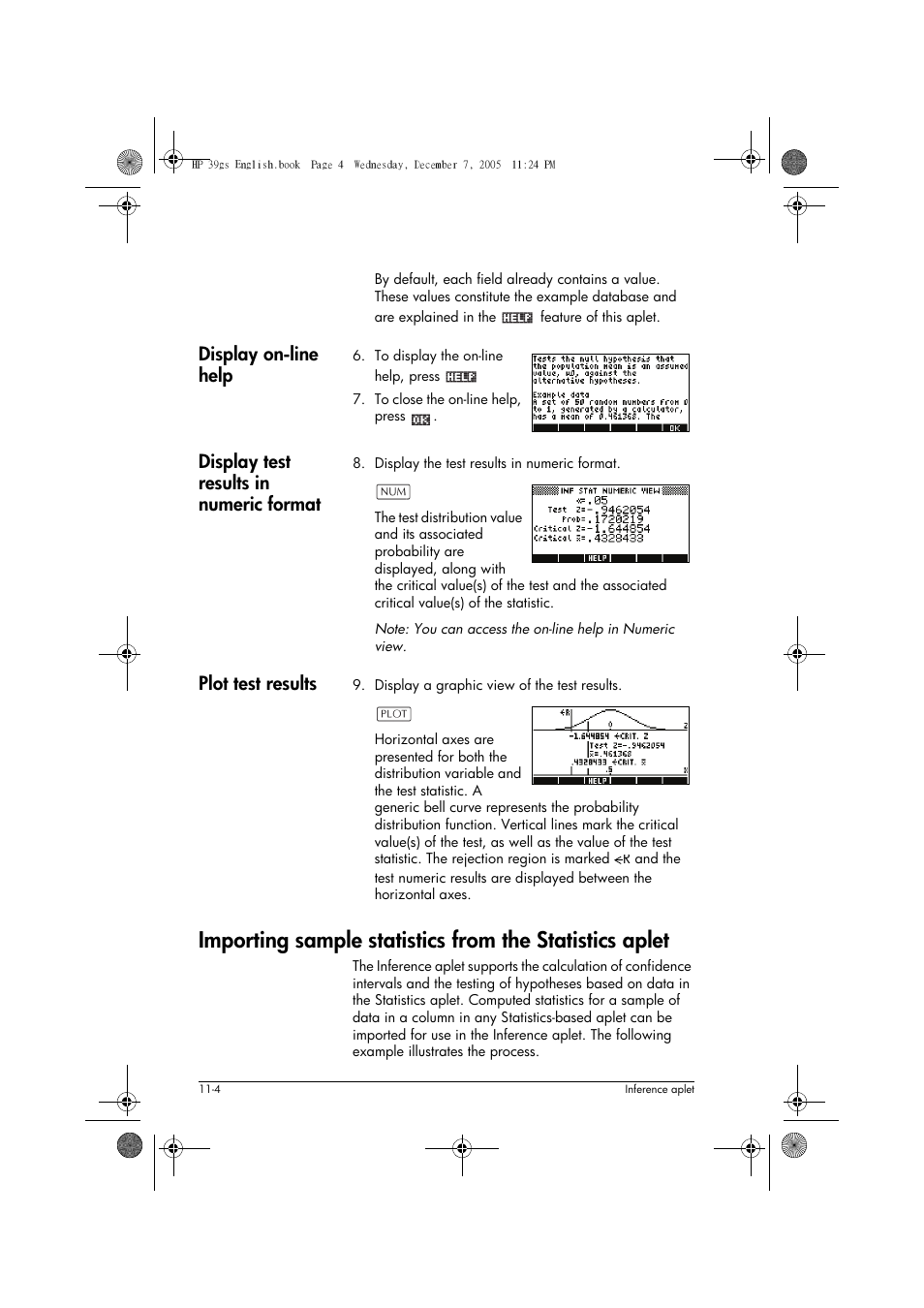 Display on-line help, Display test results in numeric format, Plot test results | HP 39gs User Manual | Page 128 / 314