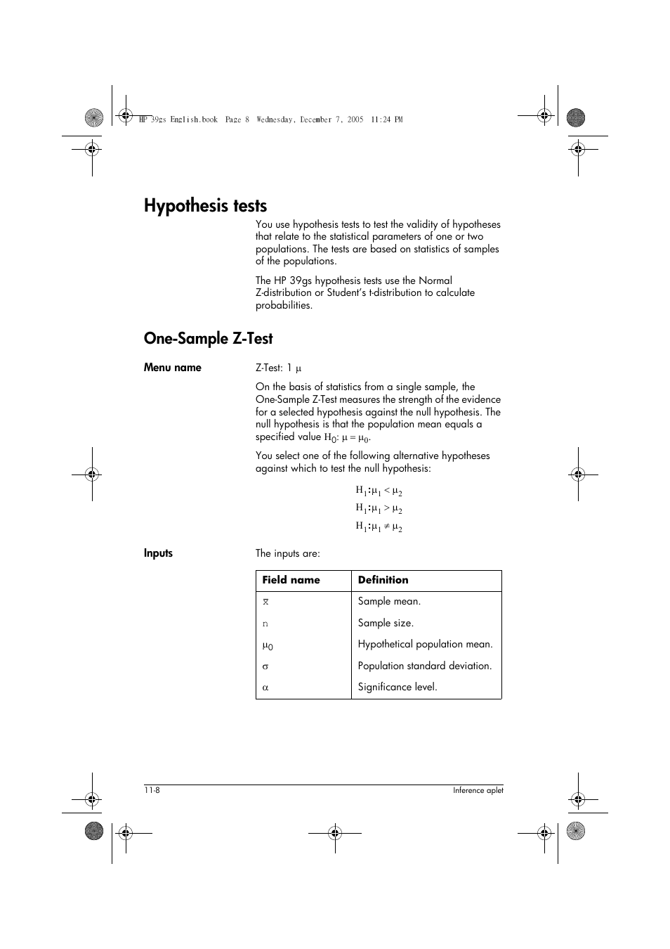 Hypothesis tests, One-sample z-test | HP 39gs User Manual | Page 132 / 314