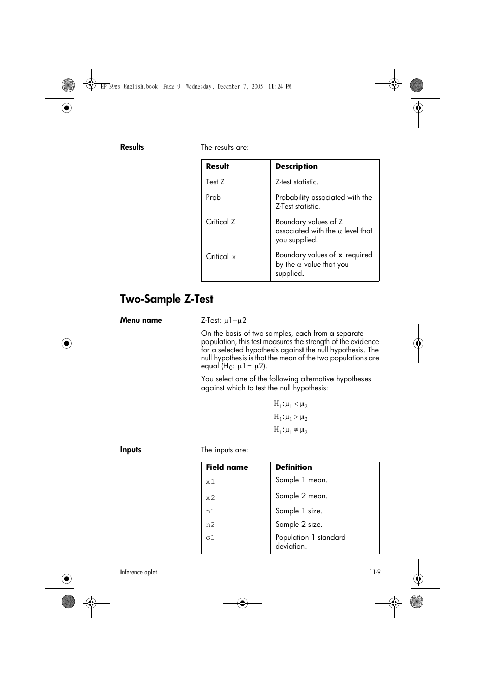 Two-sample z-test | HP 39gs User Manual | Page 133 / 314