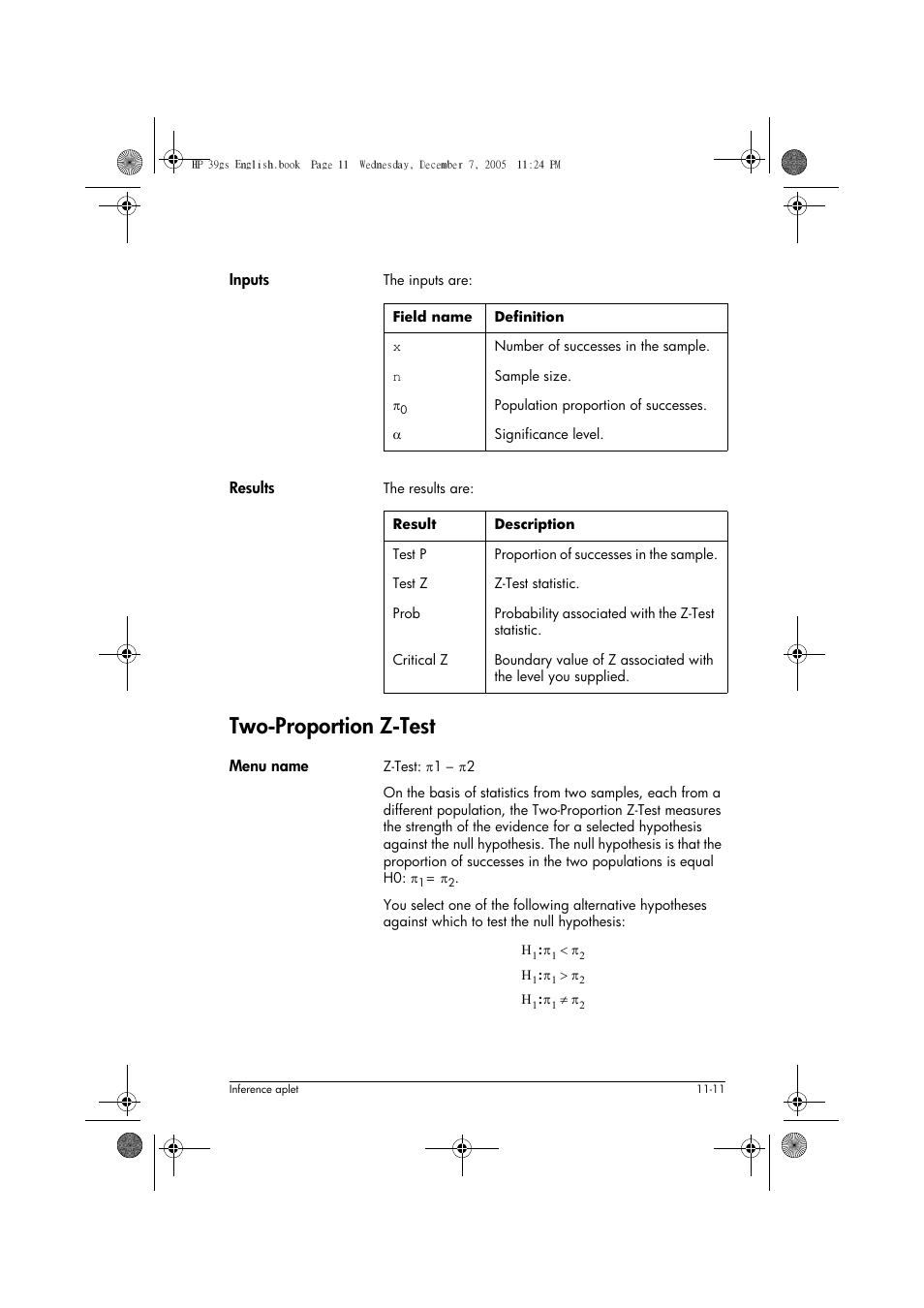 Two-proportion z-test | HP 39gs User Manual | Page 135 / 314