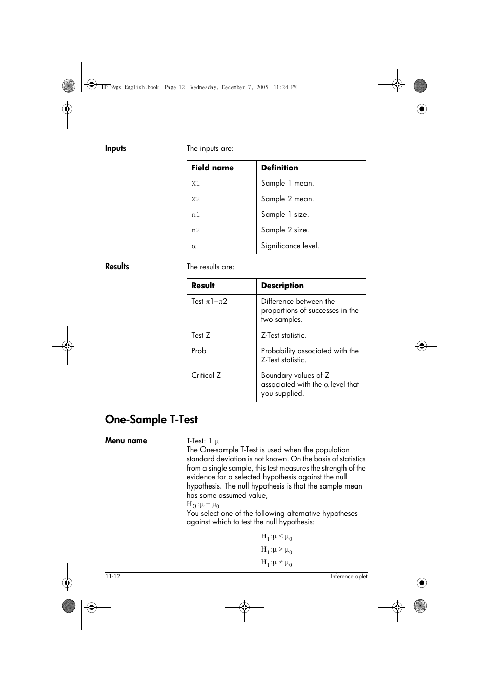One-sample t-test | HP 39gs User Manual | Page 136 / 314