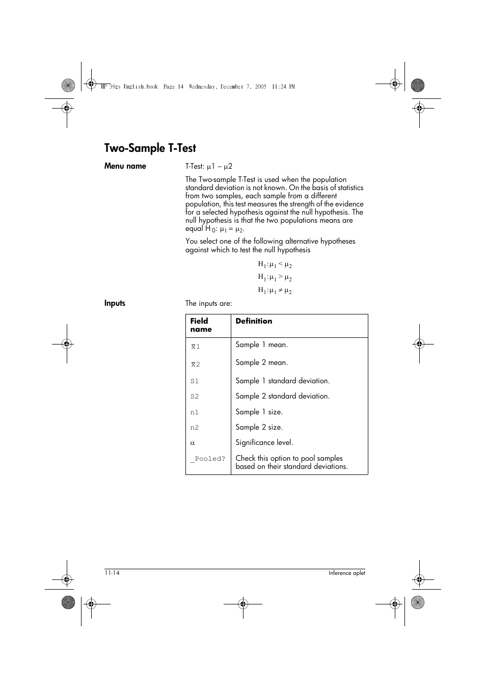 Two-sample t-test | HP 39gs User Manual | Page 138 / 314
