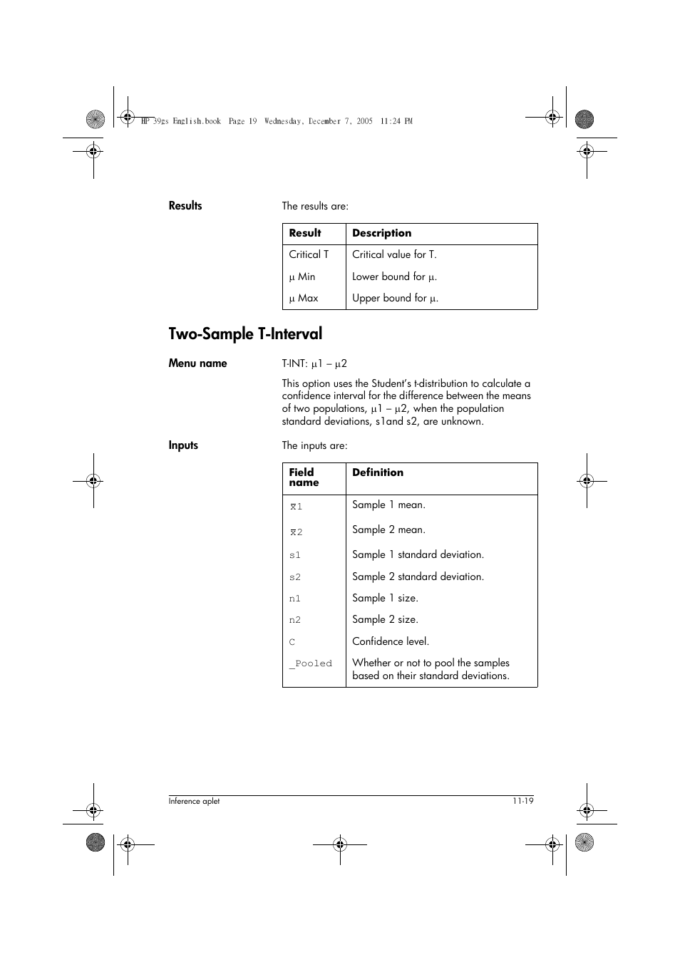 Two-sample t-interval | HP 39gs User Manual | Page 143 / 314