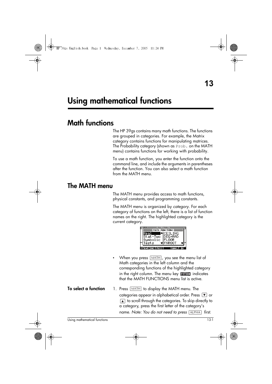 Using mathematical functions, Math functions, The math menu | 13 using mathematical functions | HP 39gs User Manual | Page 153 / 314