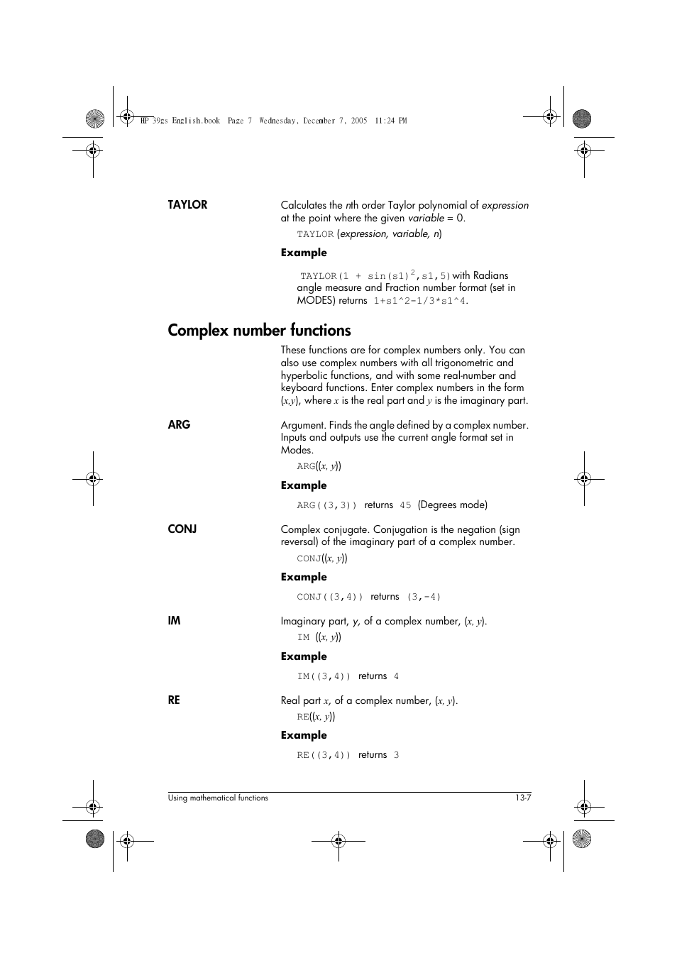 Complex number functions | HP 39gs User Manual | Page 159 / 314
