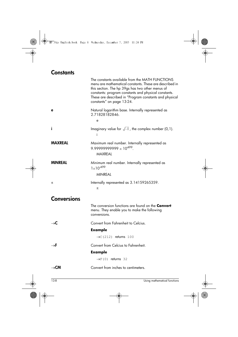 Constants, Conversions | HP 39gs User Manual | Page 160 / 314