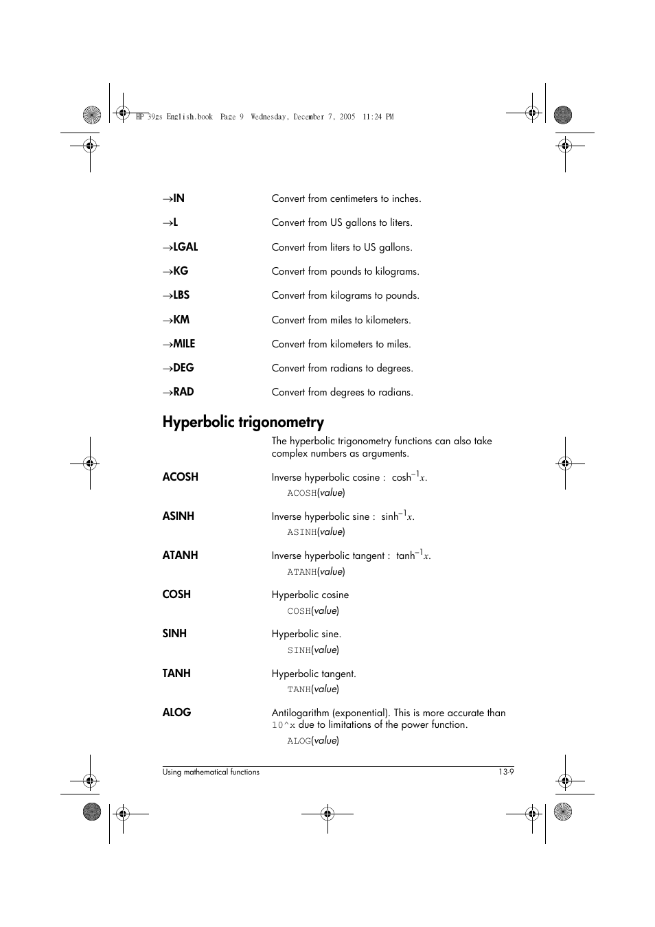 Hyperbolic trigonometry | HP 39gs User Manual | Page 161 / 314