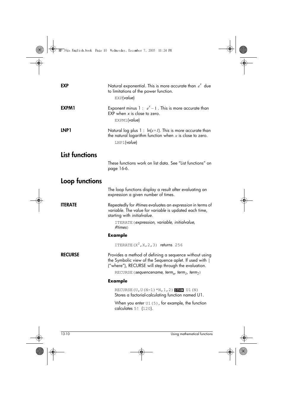 List functions, Loop functions | HP 39gs User Manual | Page 162 / 314