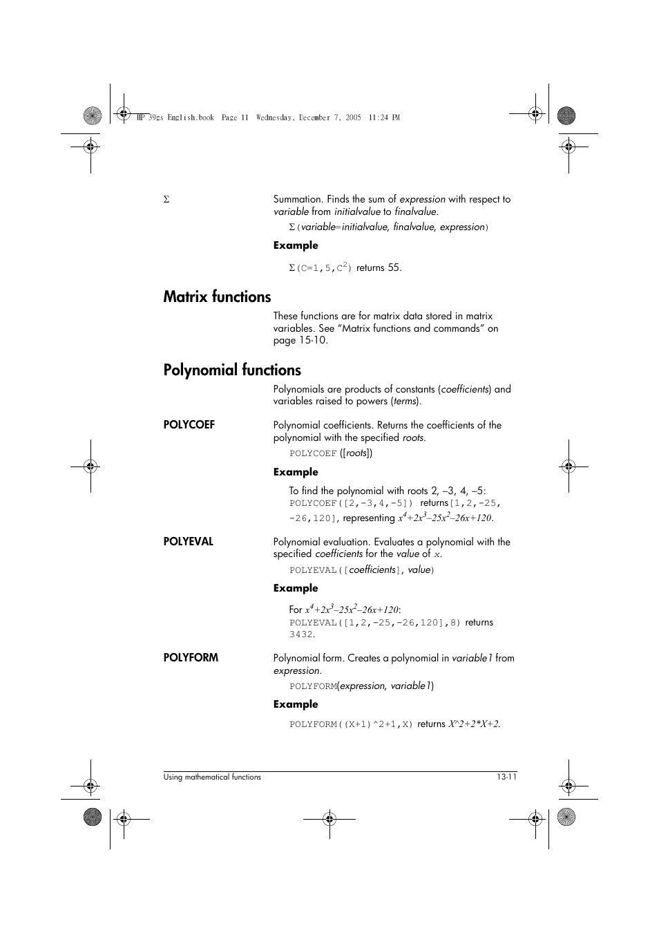 Matrix functions, Polynomial functions | HP 39gs User Manual | Page 163 / 314