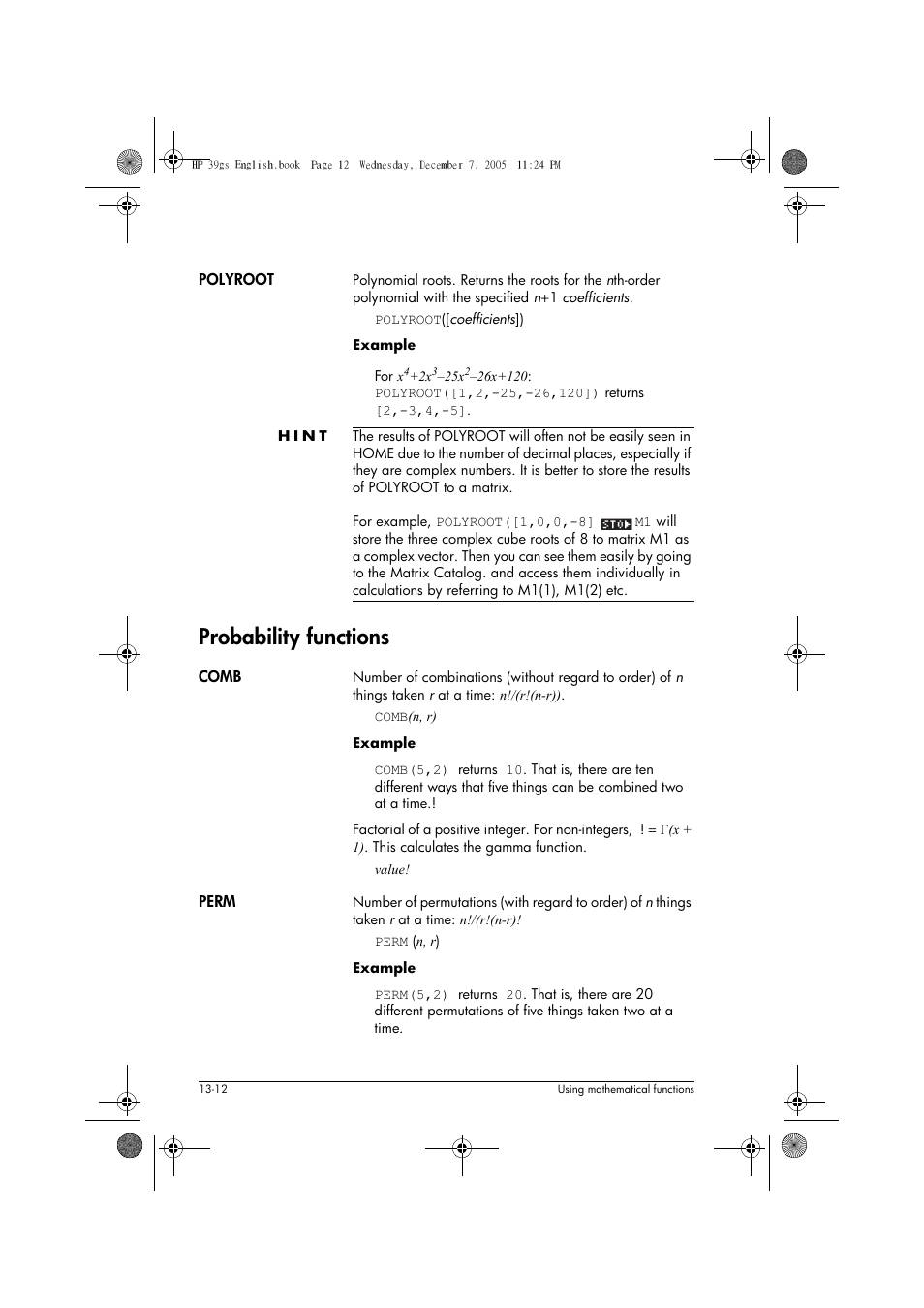 Probability functions | HP 39gs User Manual | Page 164 / 314