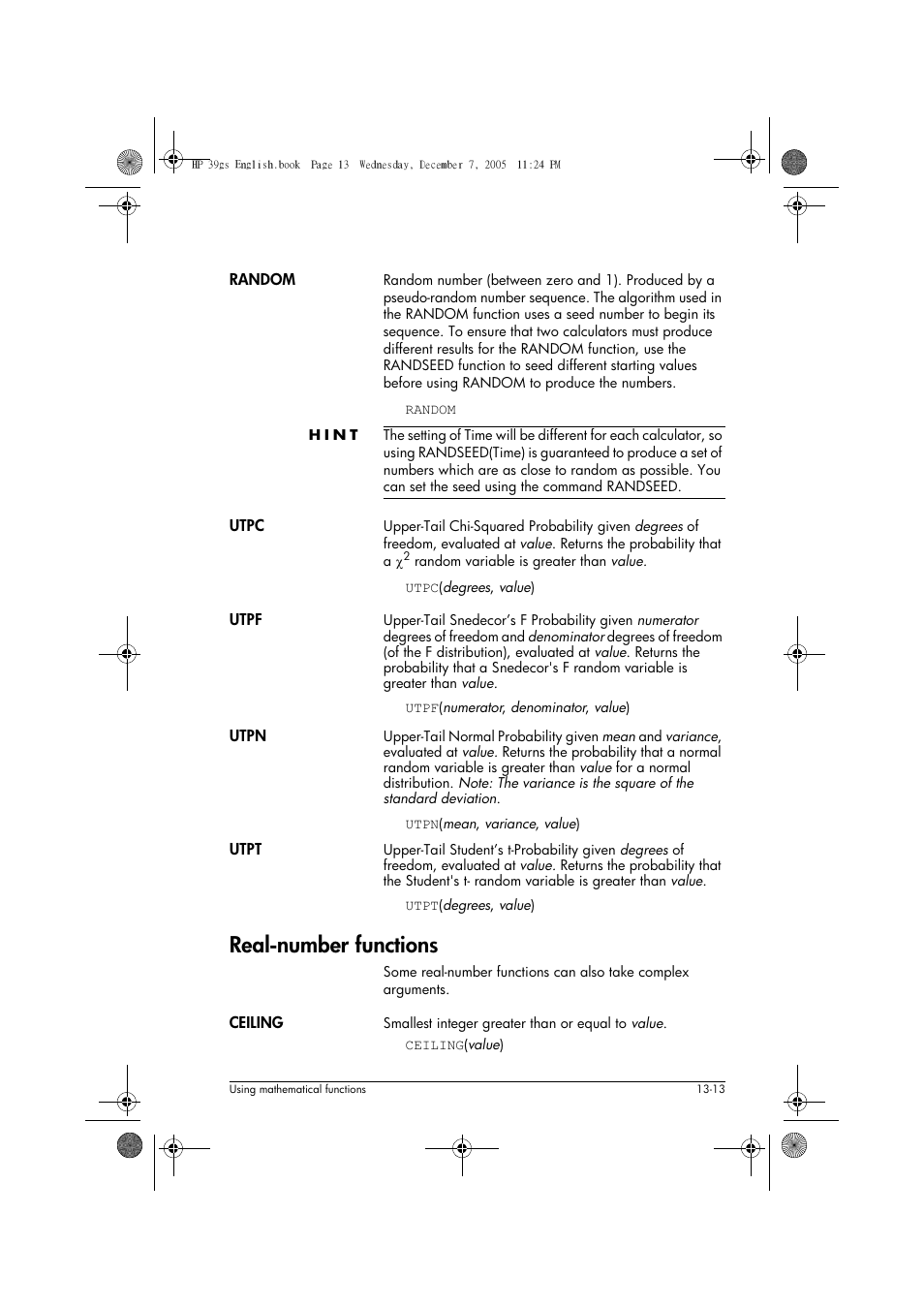 Real-number functions | HP 39gs User Manual | Page 165 / 314