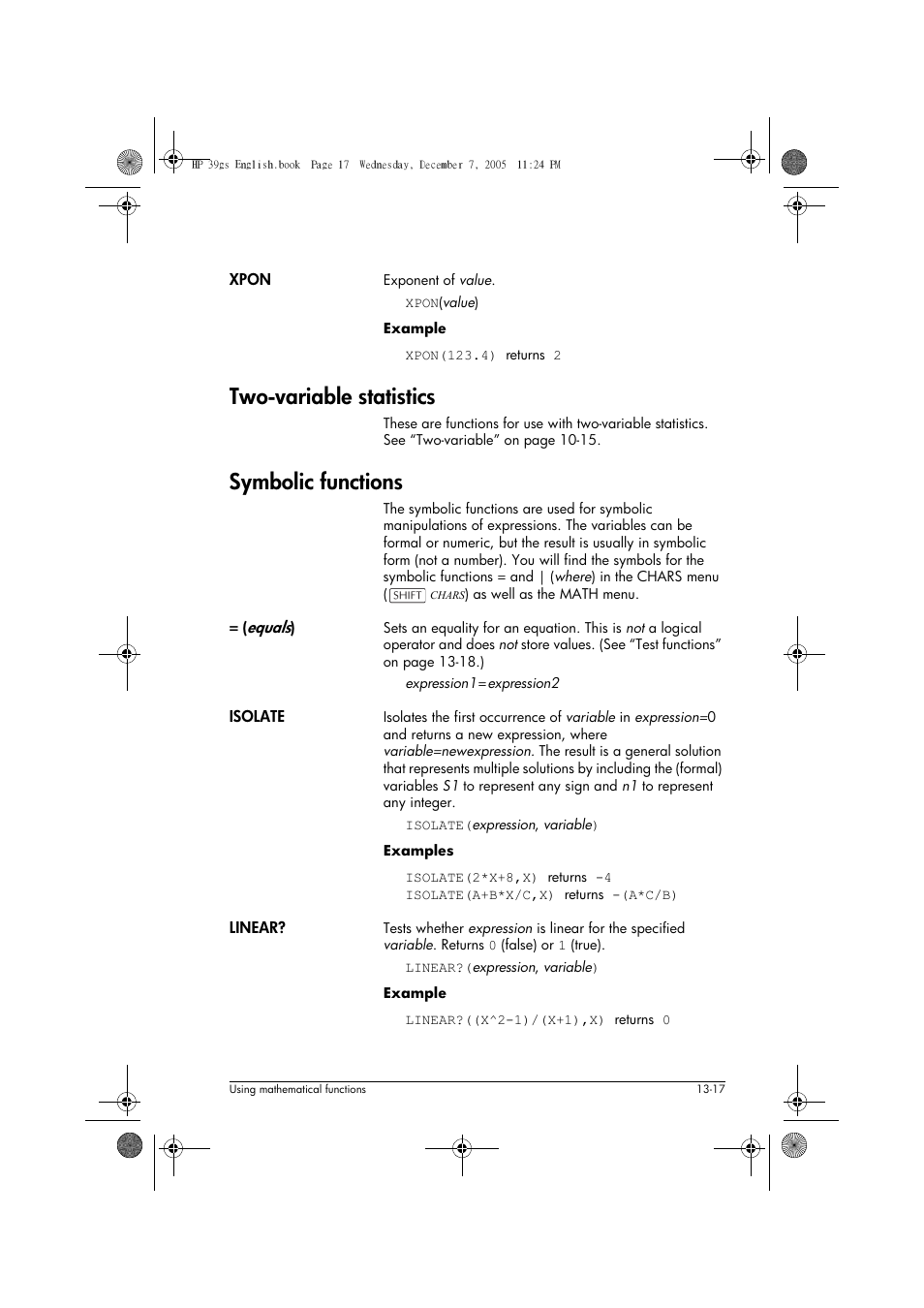 Two-variable statistics, Symbolic functions | HP 39gs User Manual | Page 169 / 314