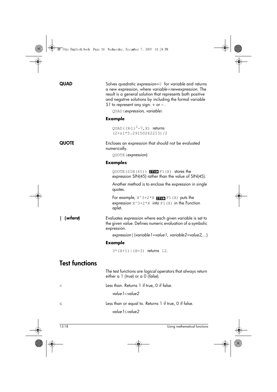 Test functions | HP 39gs User Manual | Page 170 / 314