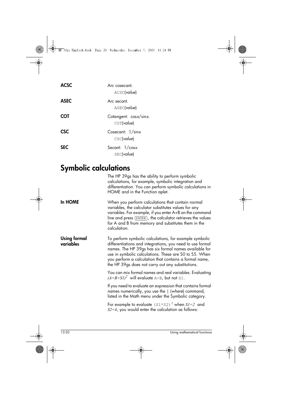 Symbolic calculations | HP 39gs User Manual | Page 172 / 314