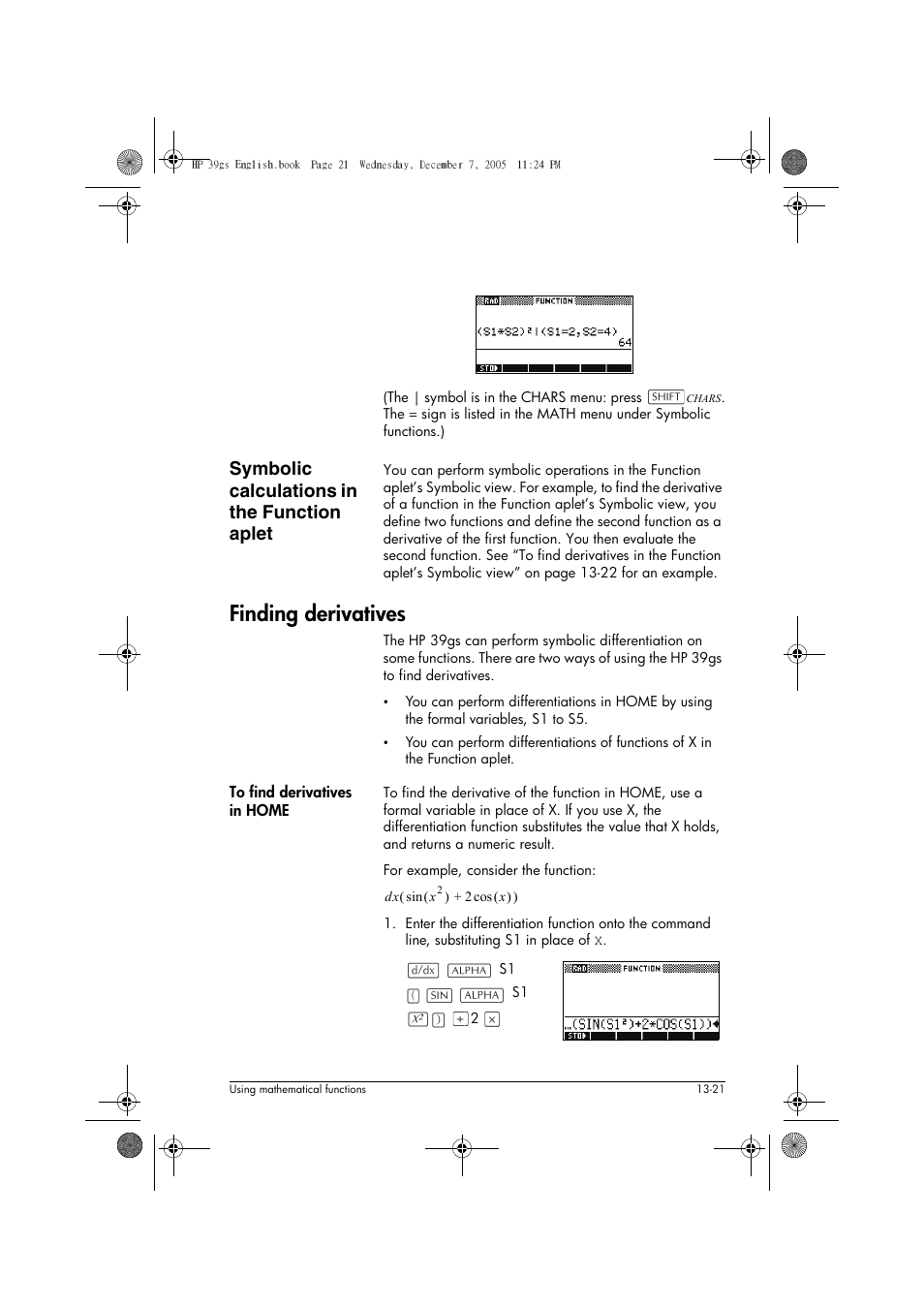 Finding derivatives, Symbolic calculations in the function aplet | HP 39gs User Manual | Page 173 / 314