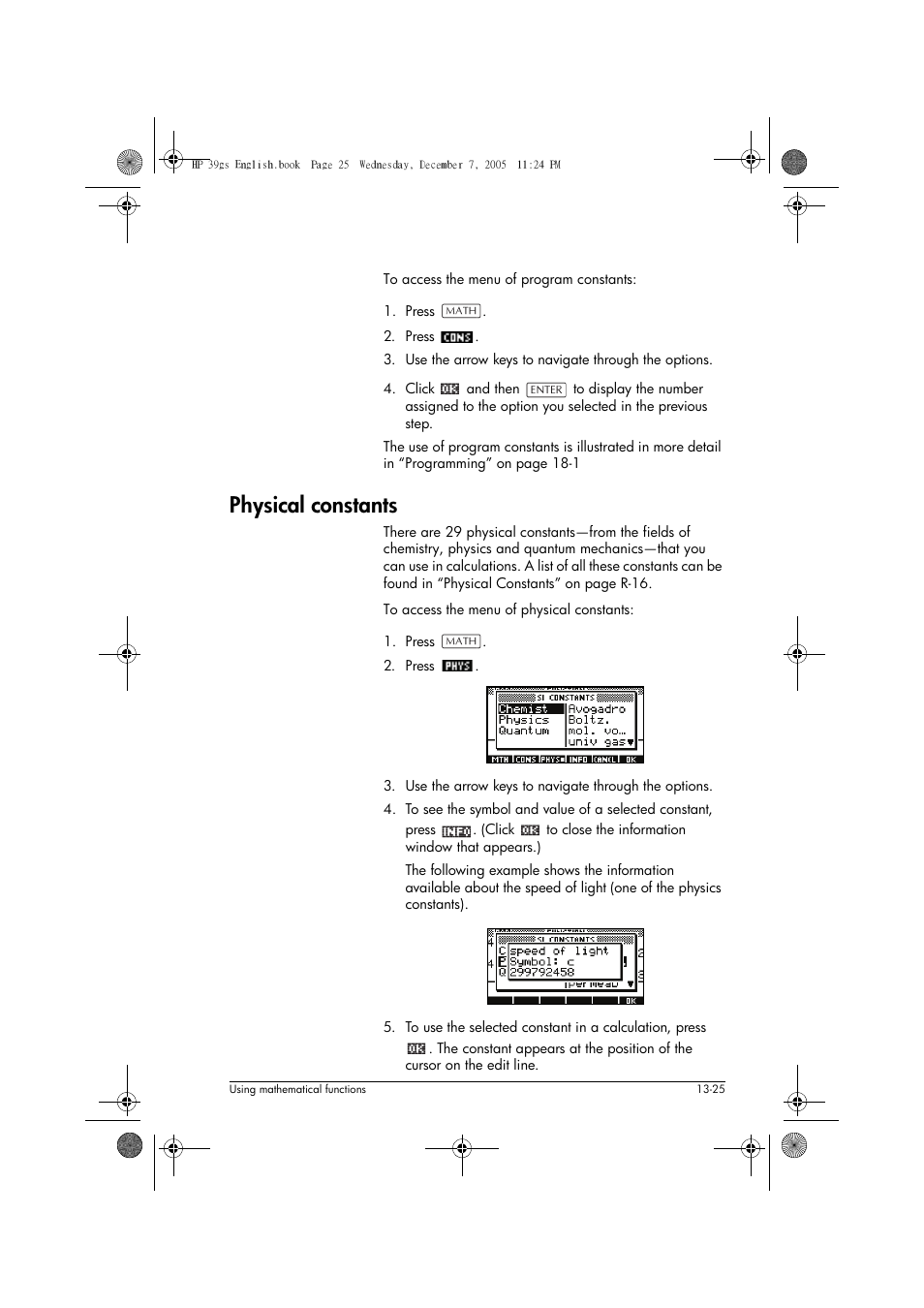 Physical constants, Physical | HP 39gs User Manual | Page 177 / 314