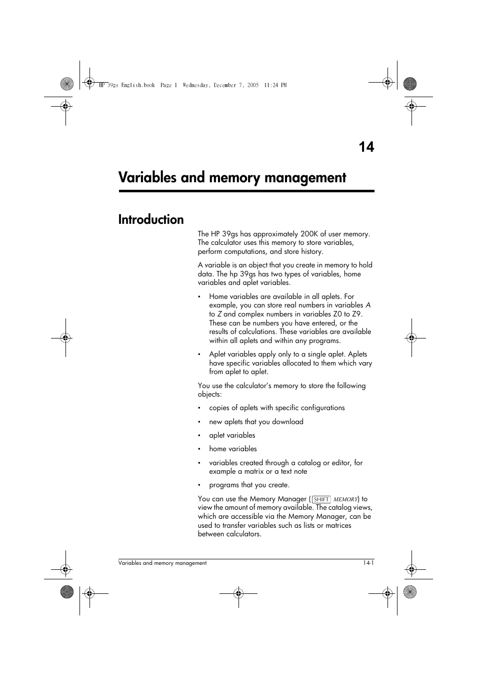 Variables and memory management, Introduction | HP 39gs User Manual | Page 179 / 314