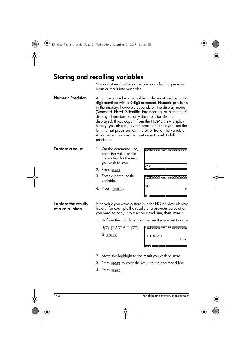 Storing and recalling variables | HP 39gs User Manual | Page 180 / 314