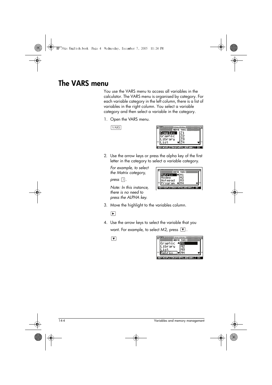 The vars menu | HP 39gs User Manual | Page 182 / 314