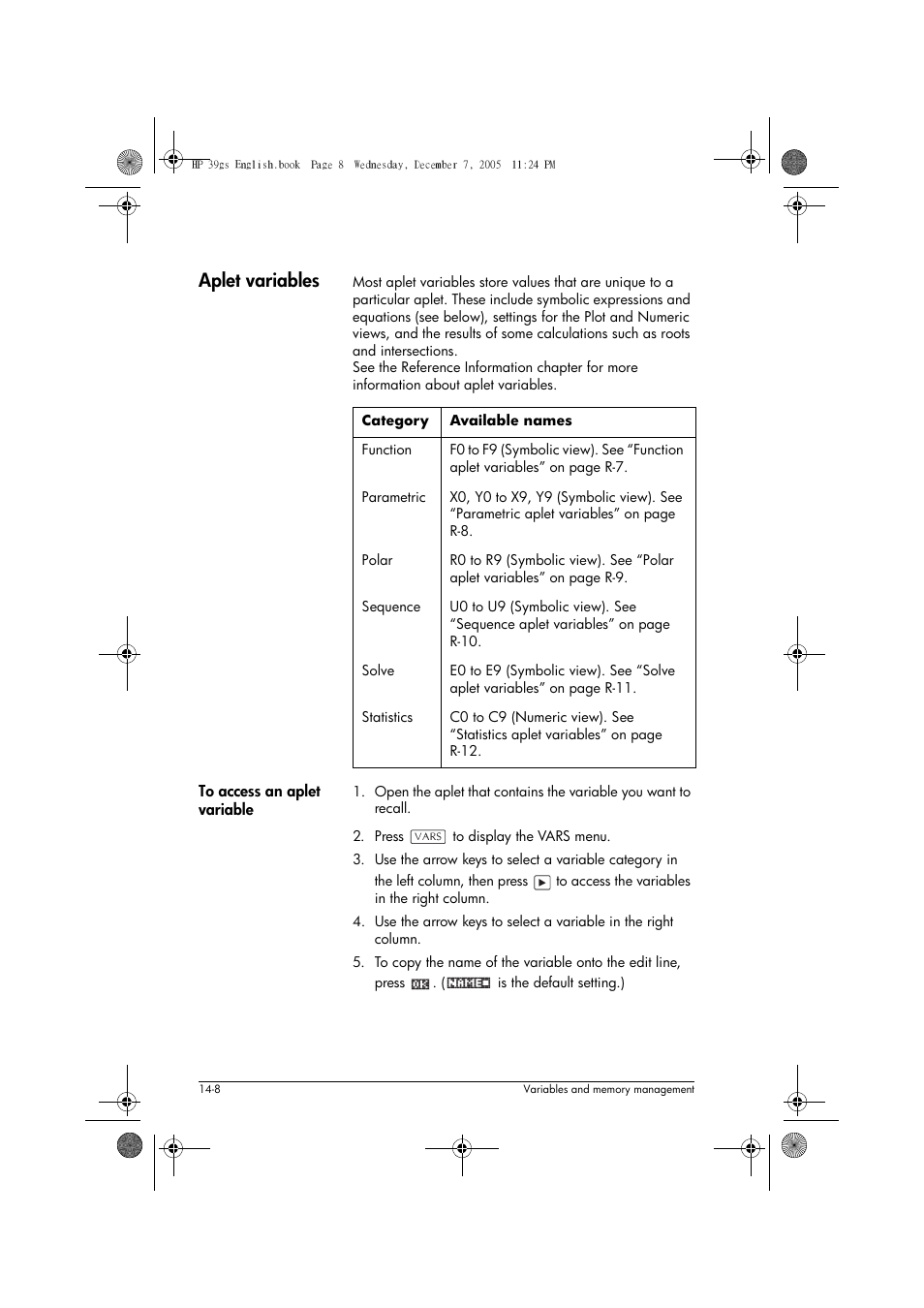 Aplet variables | HP 39gs User Manual | Page 186 / 314