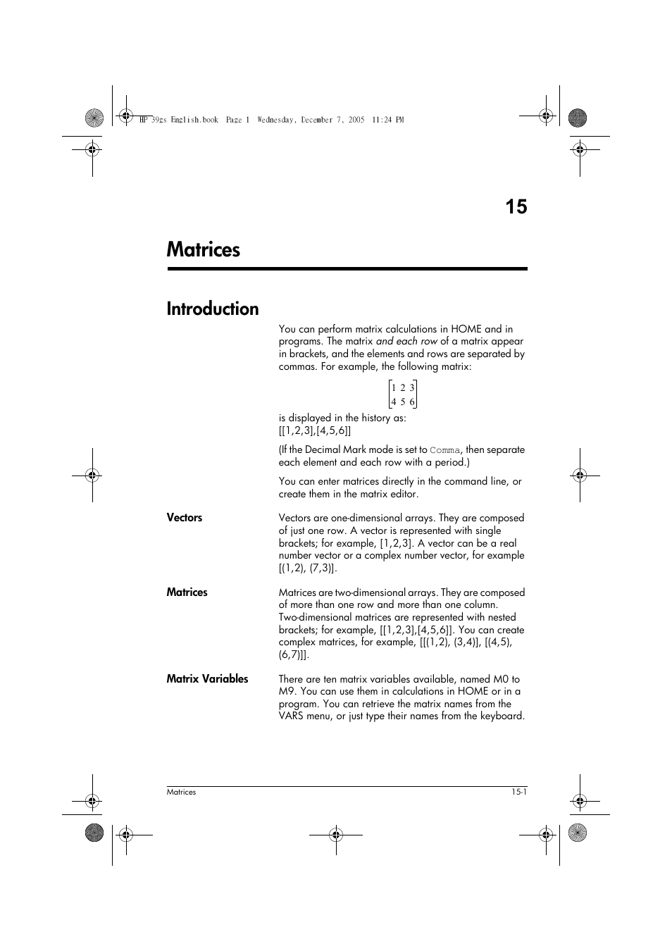 Matrices, Introduction, Chapter 15 | 15 matrices | HP 39gs User Manual | Page 189 / 314