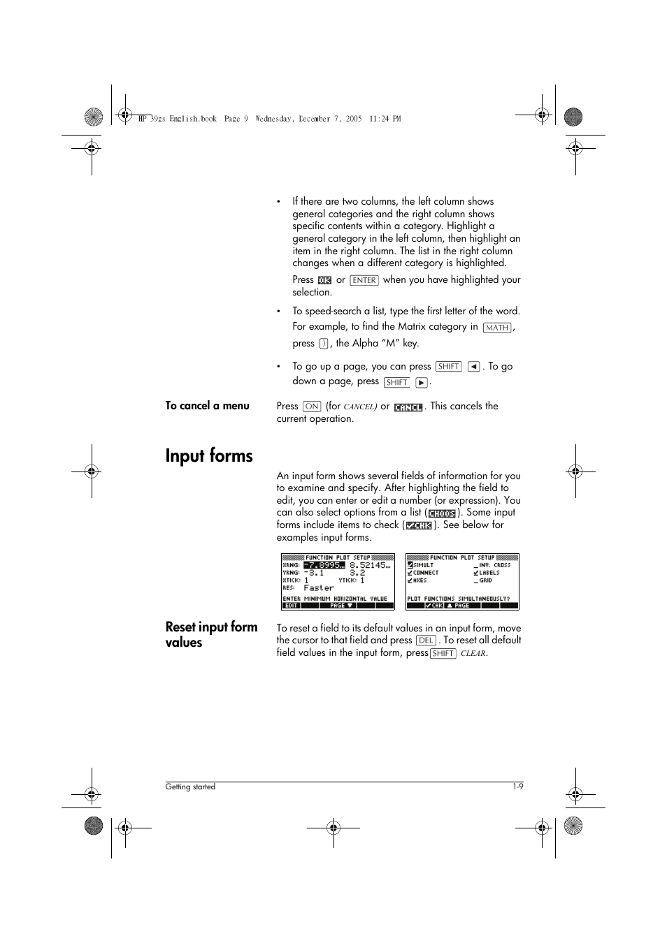 Input forms, Reset input form values | HP 39gs User Manual | Page 19 / 314