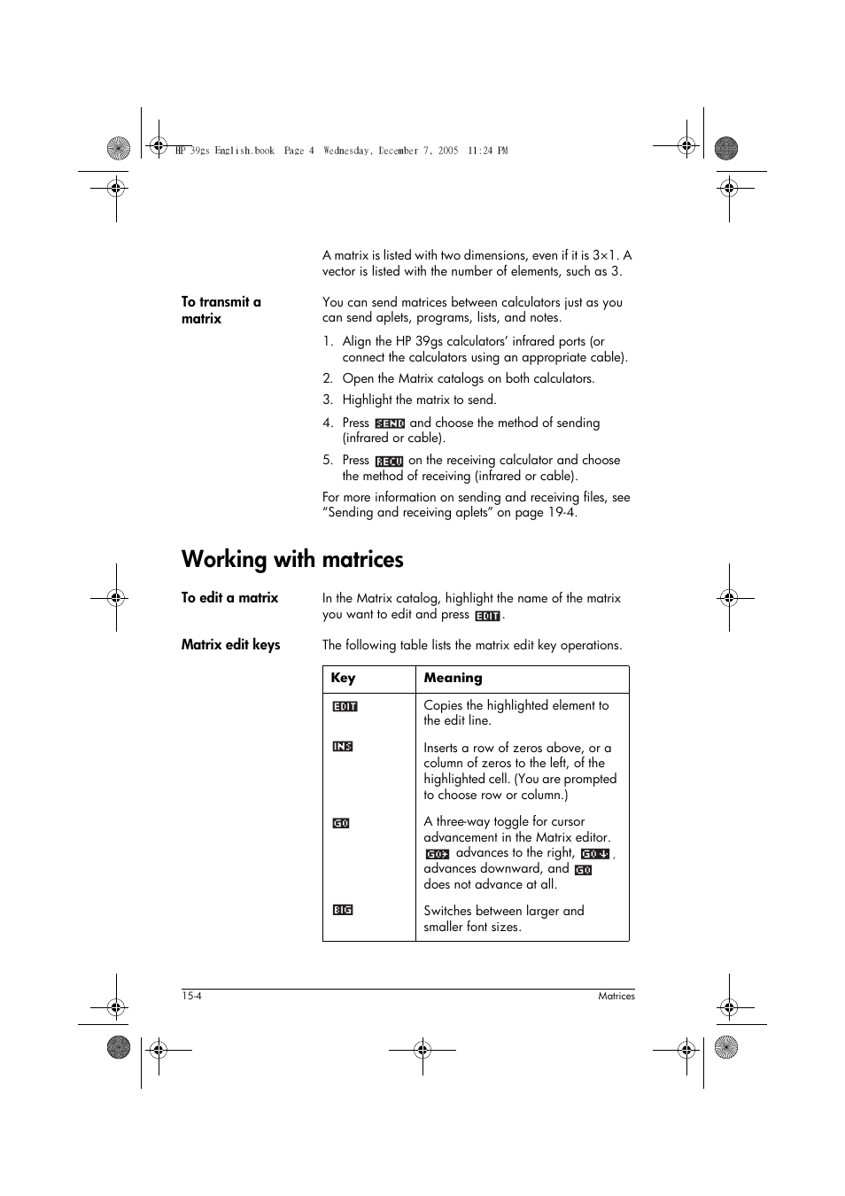 Working with matrices | HP 39gs User Manual | Page 192 / 314