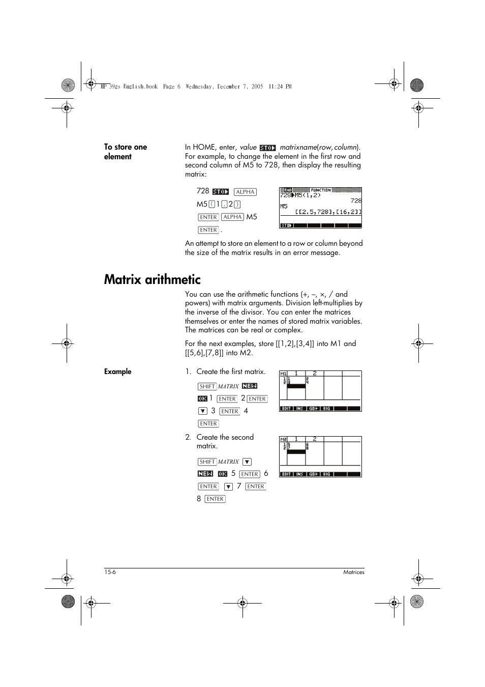 Matrix arithmetic | HP 39gs User Manual | Page 194 / 314