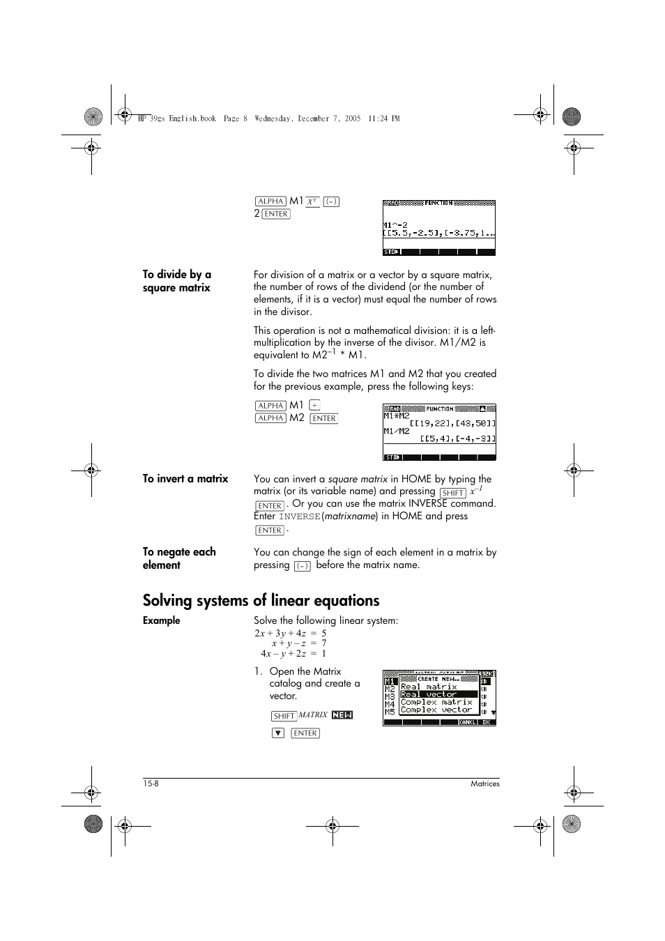 Solving systems of linear equations | HP 39gs User Manual | Page 196 / 314