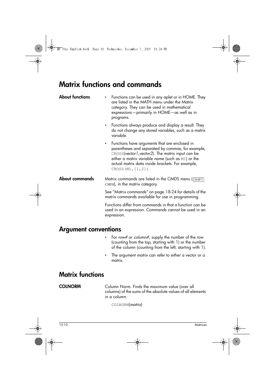 Matrix functions and commands, Argument conventions, Matrix functions | HP 39gs User Manual | Page 198 / 314