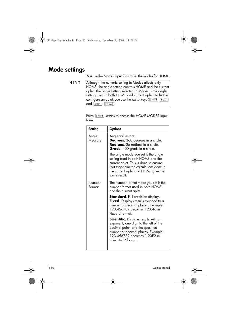 Mode settings | HP 39gs User Manual | Page 20 / 314