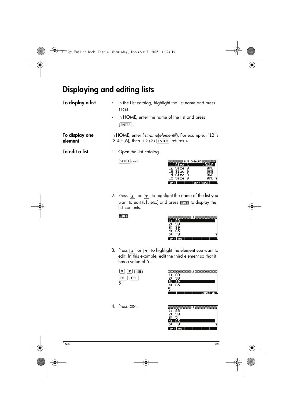 Displaying and editing lists | HP 39gs User Manual | Page 208 / 314