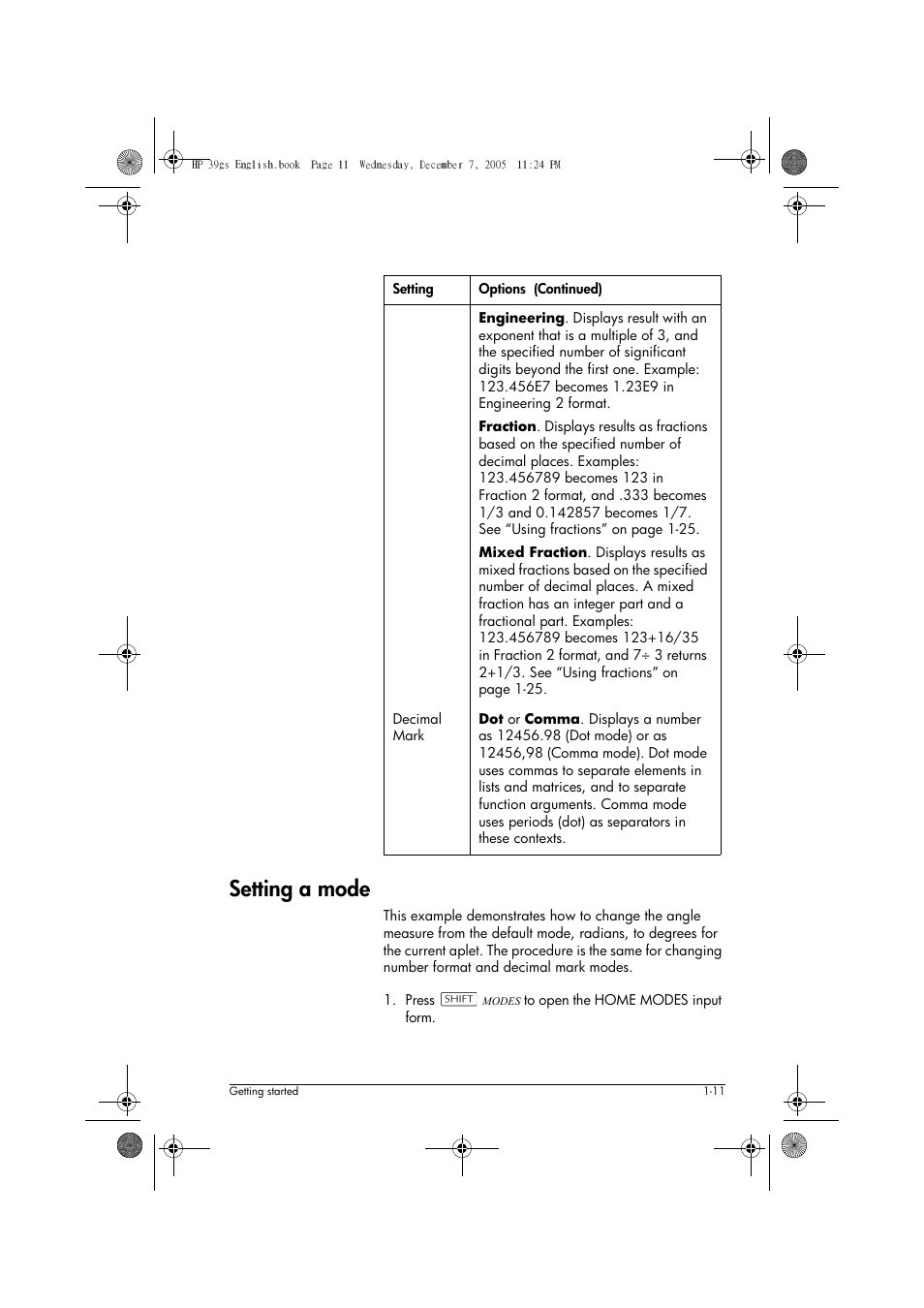 Setting a mode | HP 39gs User Manual | Page 21 / 314