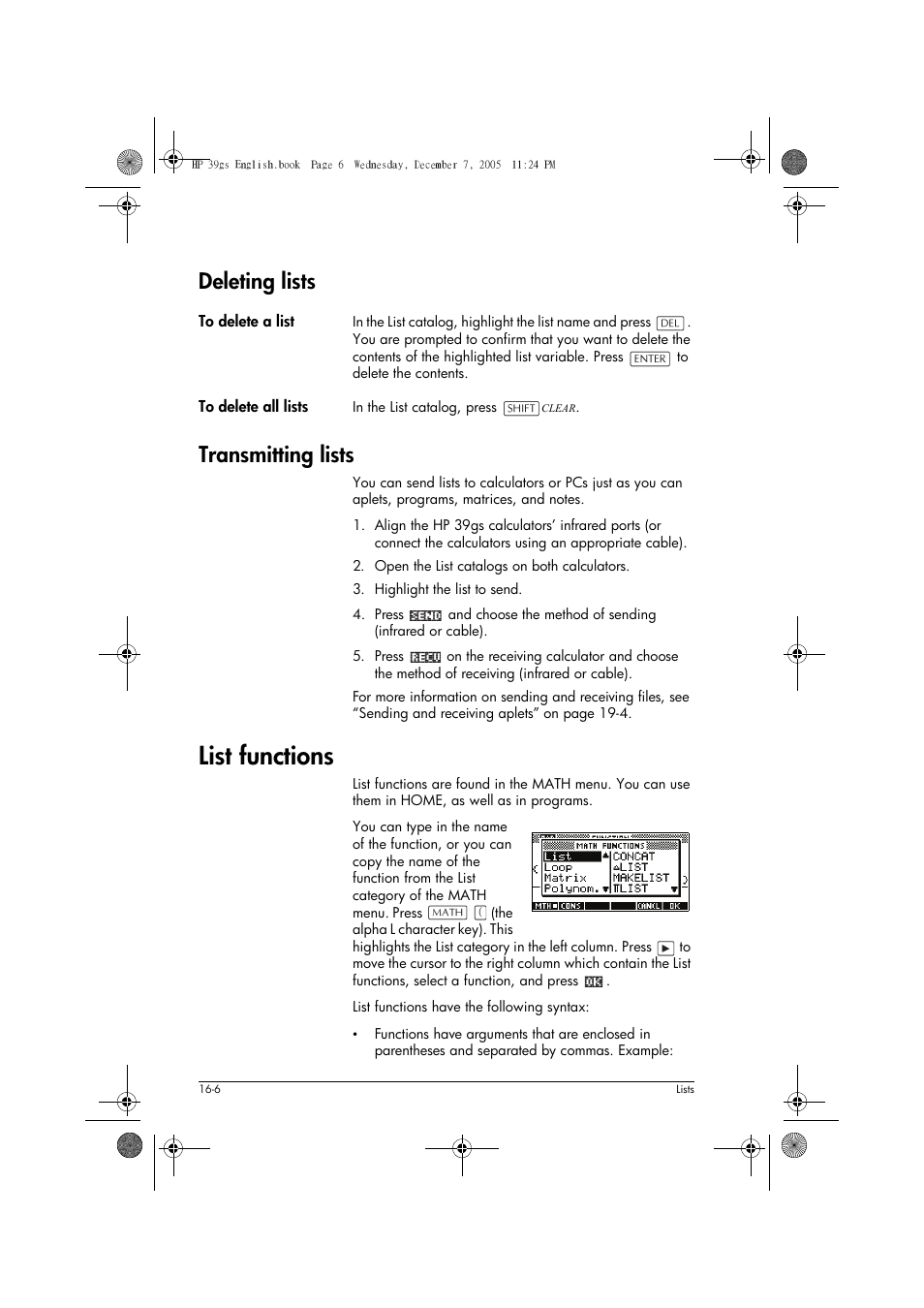 Deleting lists, Transmitting lists, List functions | HP 39gs User Manual | Page 210 / 314